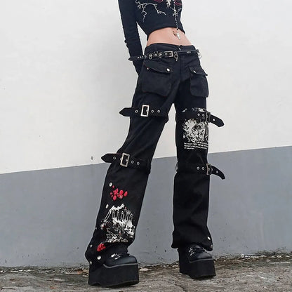 Sexy Streetwear Y2k Flared Jeans Trousers Cool Washed Print Jeans Style Low-Rise Gothic Women'S Loop Pants Wide Leg Pants 청바지