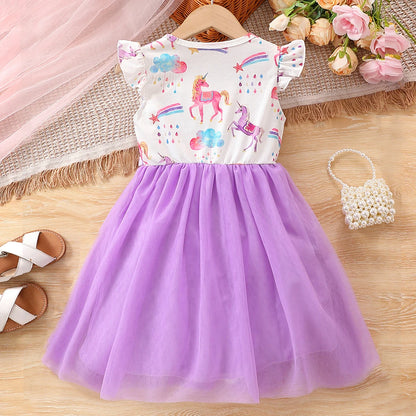 Summer Girls Dress For Kids 1-8 Years old Fashion Cute Cartoon Unicorn Ruffled Tulle Sleeve Princess Dresses For Holiday