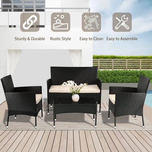 Patio Furniture Set 4 Pieces Outdoor Rattan Chair Wicker Sofa Garden Conversation Bistro Sets for Yard