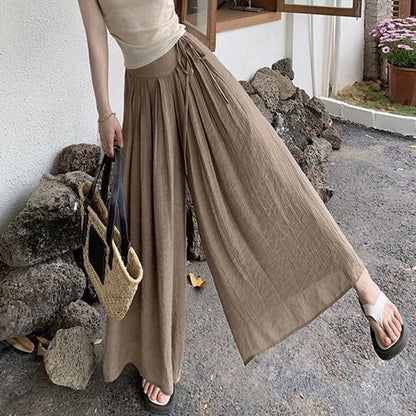 Women Elegant All-match Solid Color Wide Leg Pants Summer Simplicity Elastic High Waist Casual Lace Up Trousers Female Clothing