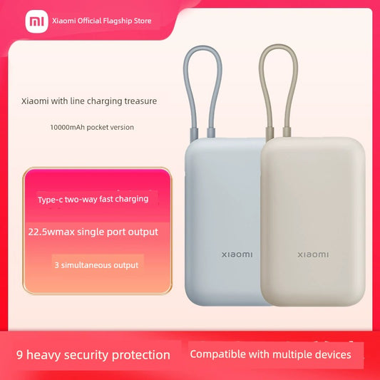 Xiaomi 10000 MA Power Bank with Cable Fast Charge Ultra-Thin Compact Mini Large Capacity Portable Power Source for Huawei Xiaomi Apple Official Authentic Products