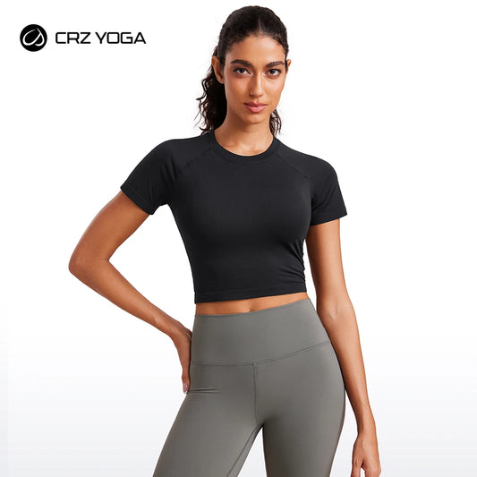 CRZ YOGA Seamless Womens Short Sleeve Crop Tops Breathable Slim Fit Gym Workout Shirts Athletic Running Basic Tee Top