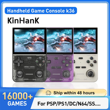 KINHANK Open Source K36 Retro Handheld Video Game Console 16000 Games Emulator for PS1/PSP/DC/N64/SS 500nit 3.5 Inch IPS Screen