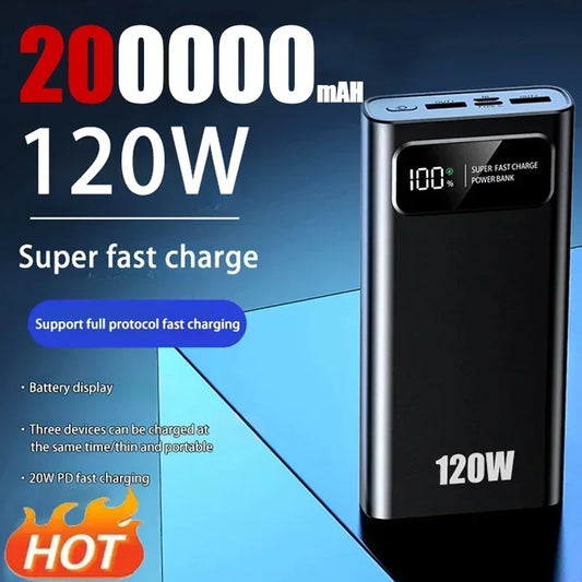 200000mAh 120W Fast Charging Power Bank for iPhone 15, Samsung, Xiaomi - High Capacity, Digital Display