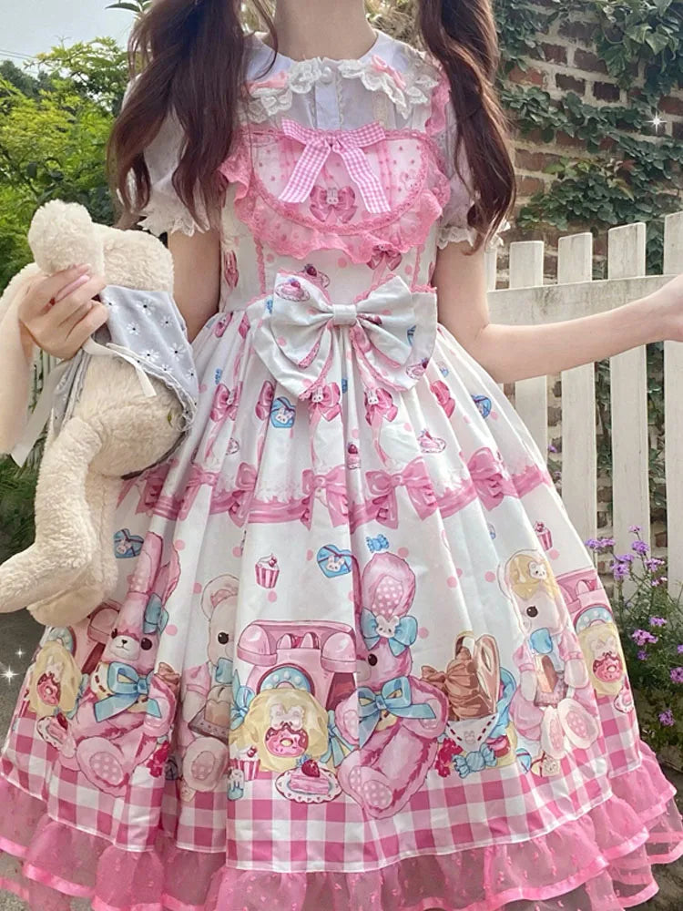 KIMOKOKM Lovely Kawaii Lolita Princess Style JSK Dress Square Collar Bow Rabbit Printing Ruffle Sleeveless Sweet Camisole Dress