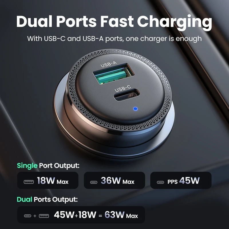 NEW in UGREEN 63W Car Charger PD QC 3.0 PPS 45W USB Type C Fast Charging for iPhone 14 13 Samsung Xiaomi Mobile Phone Charger