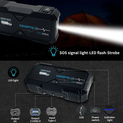 3000A 22000mAh Portable Jump Starter Car Battery Charger External Battery 12V Starting Device for Petrol Diesel Powerbank 2024