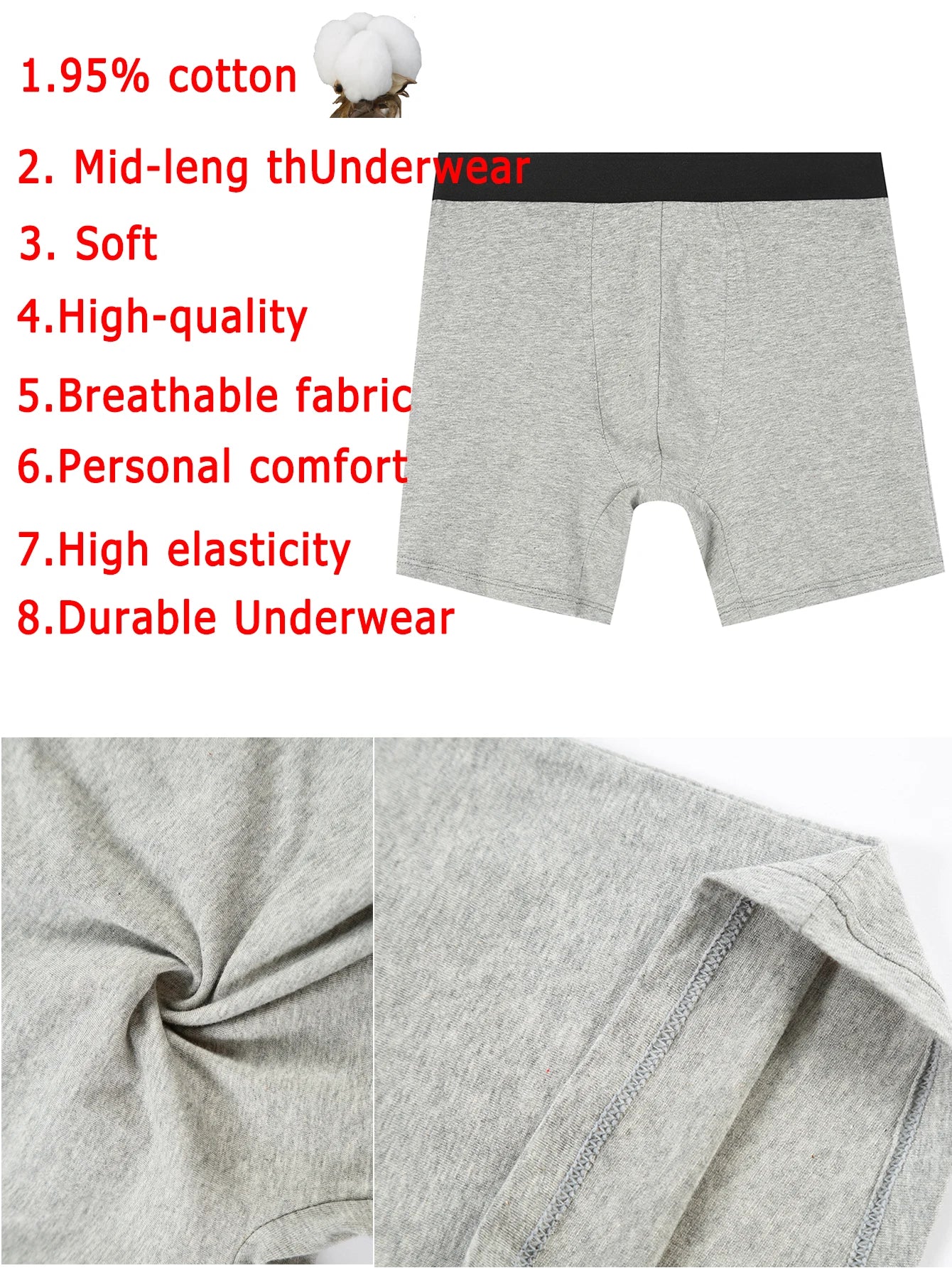 3-Pack Cotton Mid-Length Breathable Boxer Shorts for Men