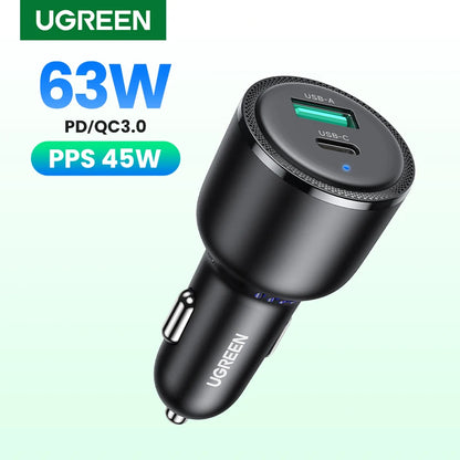 NEW in UGREEN 63W Car Charger PD QC 3.0 PPS 45W USB Type C Fast Charging for iPhone 14 13 Samsung Xiaomi Mobile Phone Charger