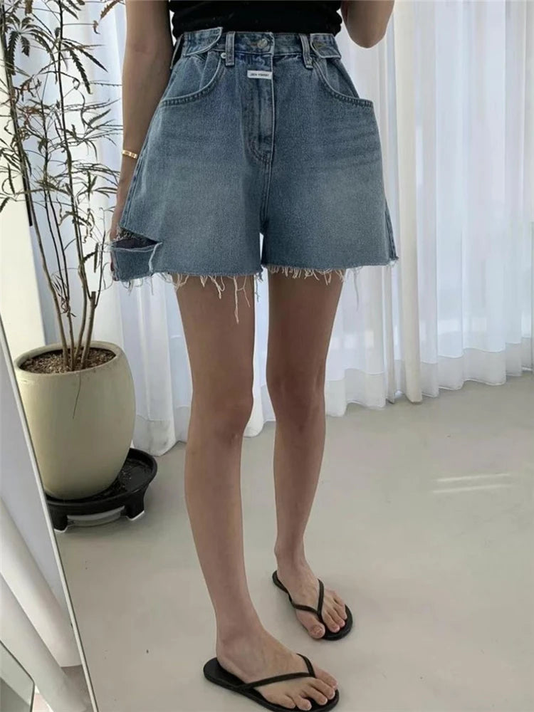 REALEFT High Waist Hole Women's Denim Wide Leg Shorts Tassel 2023 New Spring Summer Casual Jeans Chic A-Line Trourses Female