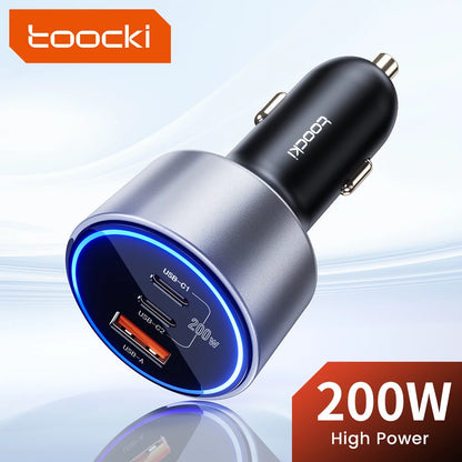 Toocki 200W Car Charger Quick Charge 4.0 PPS 45W PD 100W Fast Charging USB C Car Phone Charger for Macbook iPhone 15 14 Samsung