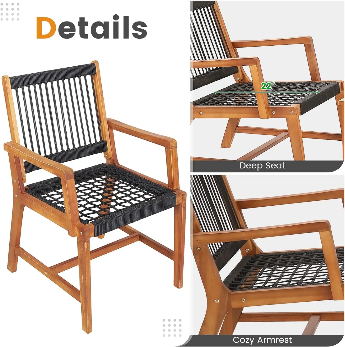 3 PCS Acacia Wood Outdoor Furniture Set, All-Weather Rope Woven Bistro Set with Armchairs &Coffee Table, Patio Conversation Set