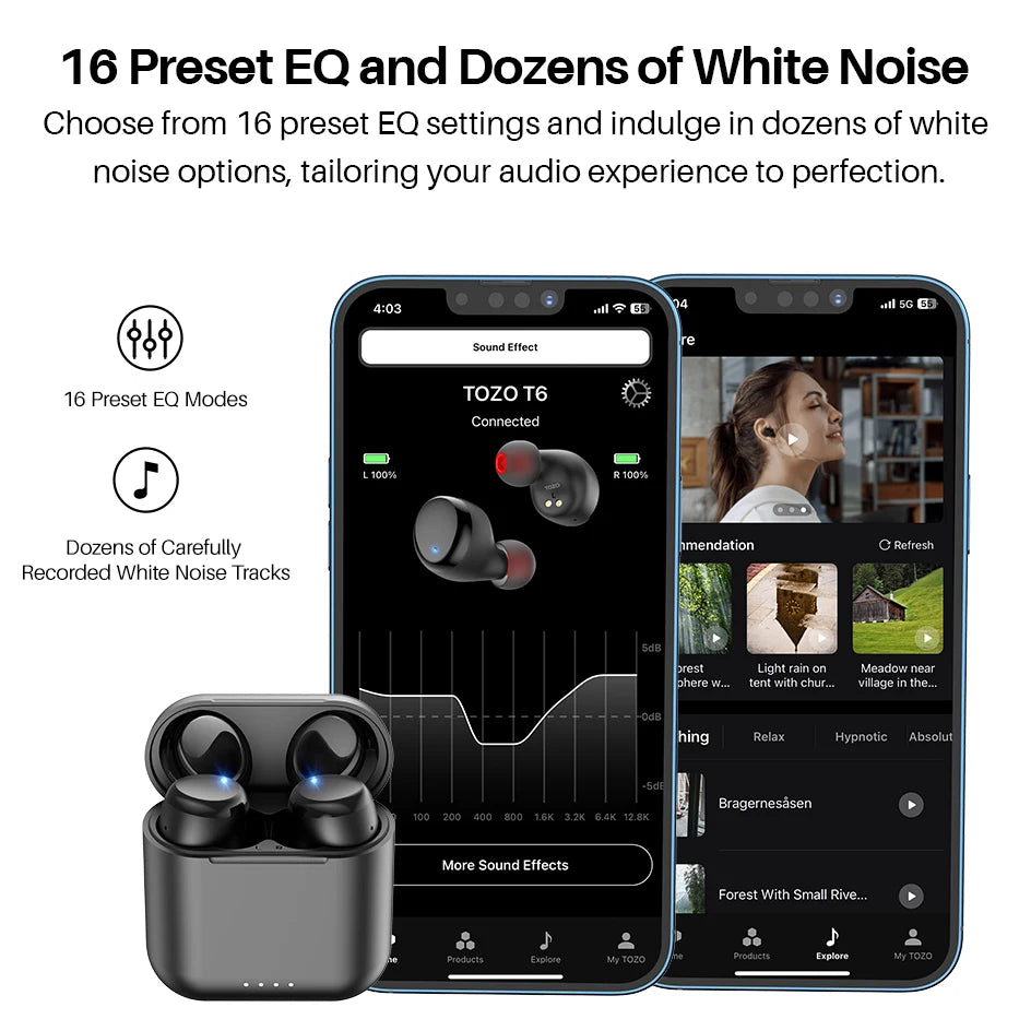 TOZO T6 mini Ergonomic Wireless Earbuds Bluetooth 5.3 TWS Headphones in-Ear Headset IPX8 Waterproof 50Hrs Playtime APP EQ