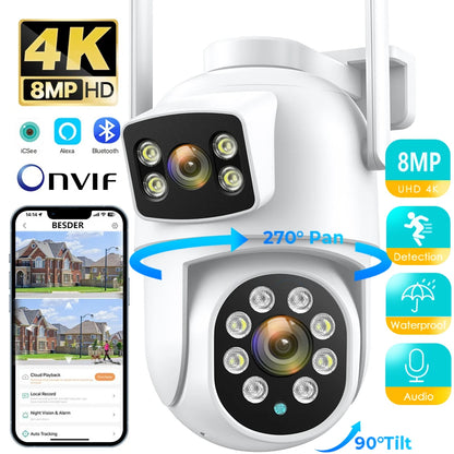 BESDER 8MP PTZ Wifi Camera: Night Vision, Dual Screen, Human Detection, 4MP CCTV