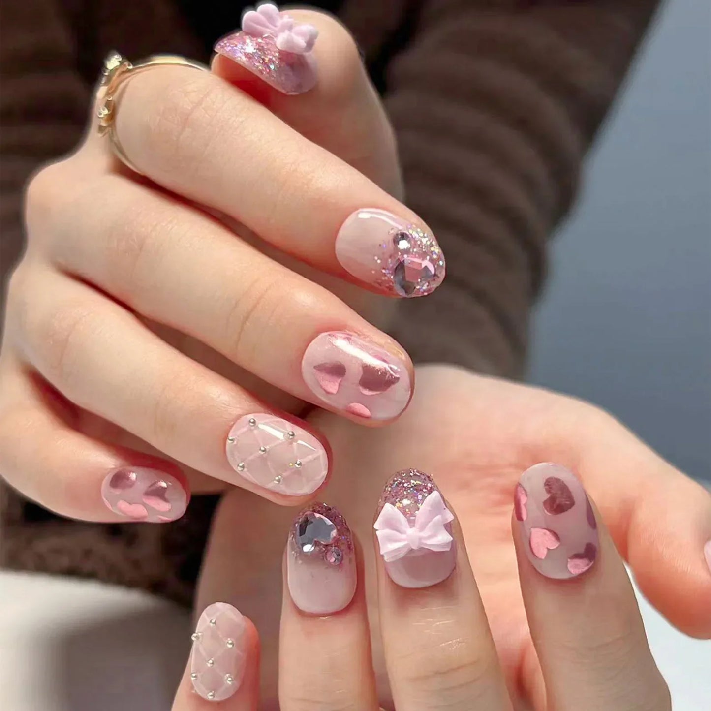 24pcs Pink Korean Style Press-On Nails with White Bow | Full Cover False Nails for Girls & Women | Tonyfinger Store