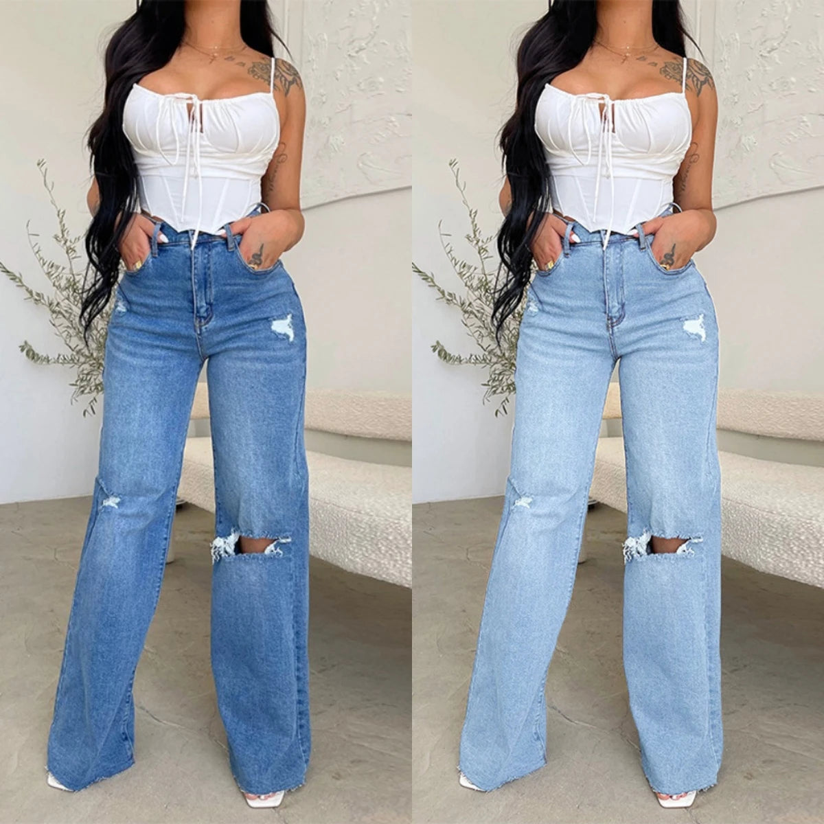 2023 Fall Women’s High Waist Ripped Wide Leg Jeans: Casual Loose Denim Trousers S-2XL