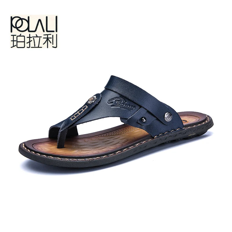 POLALI Men Sandals Genuine Split Leather Men Beach Sandals Brand Men Casual Shoes Flip Flops Men Slippers Sneakers Summer Shoes