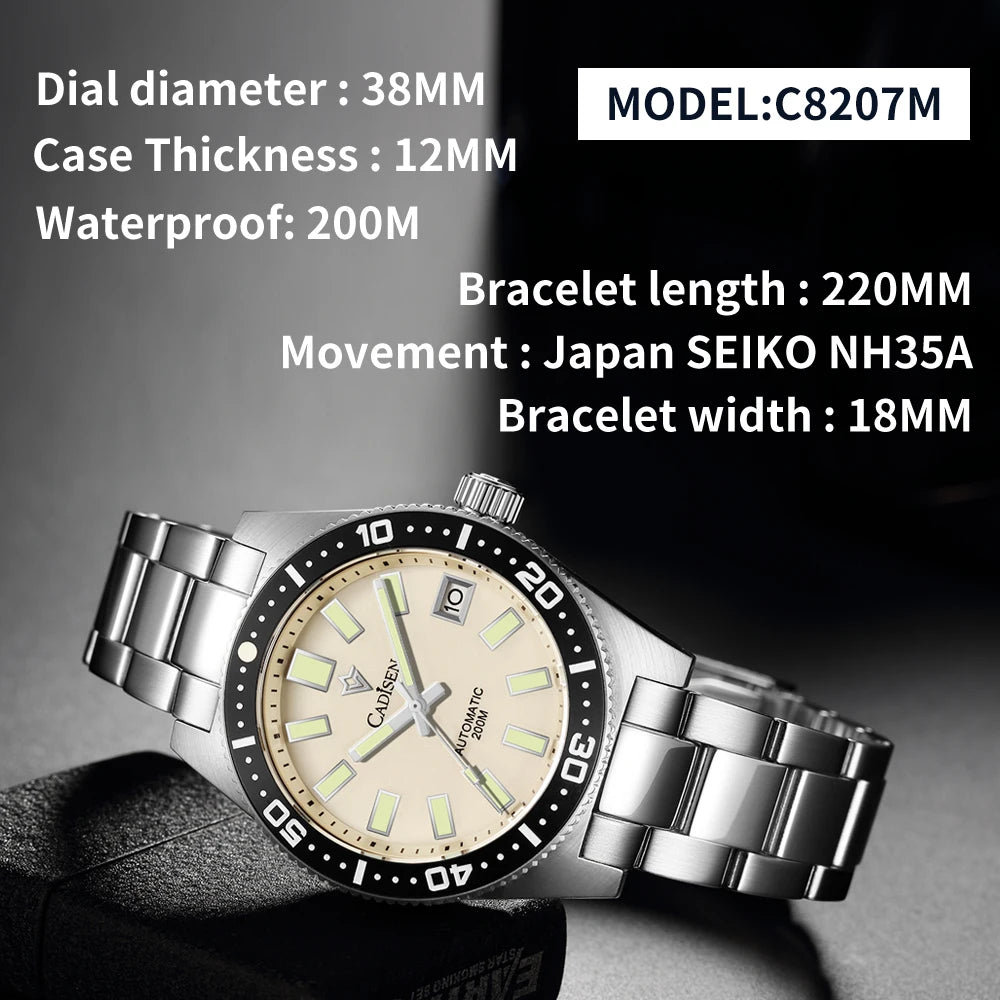 CADISEN New 38mm Diver Mens Watch Japan NH35A Automatic Mechanical Sapphire Glass Date Luminous 200M Waterproof Wrist watch Men