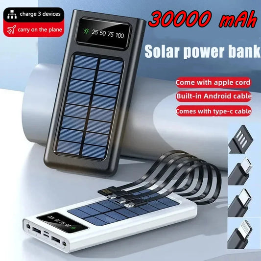 Solar Charging Power Bank Comes With Four Wires 30000mah Large Capacity LED Light Portable External Charger For Samsung Iphone