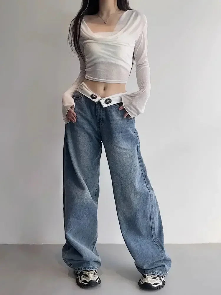 HOUZHOU Vintage Y2k Baggy High-Waist Jeans - Kpop Gyaru Streetwear