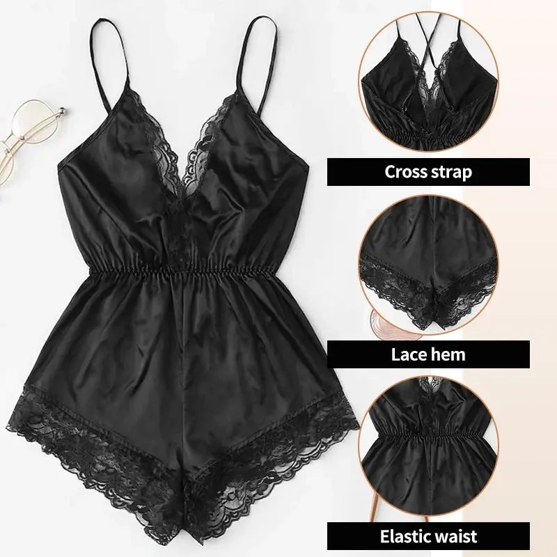 Summer V-Neck Sexy Lace Patchwork Integrated Suspender and Backless Pajamas Women's Sexy Suspender Pajamas