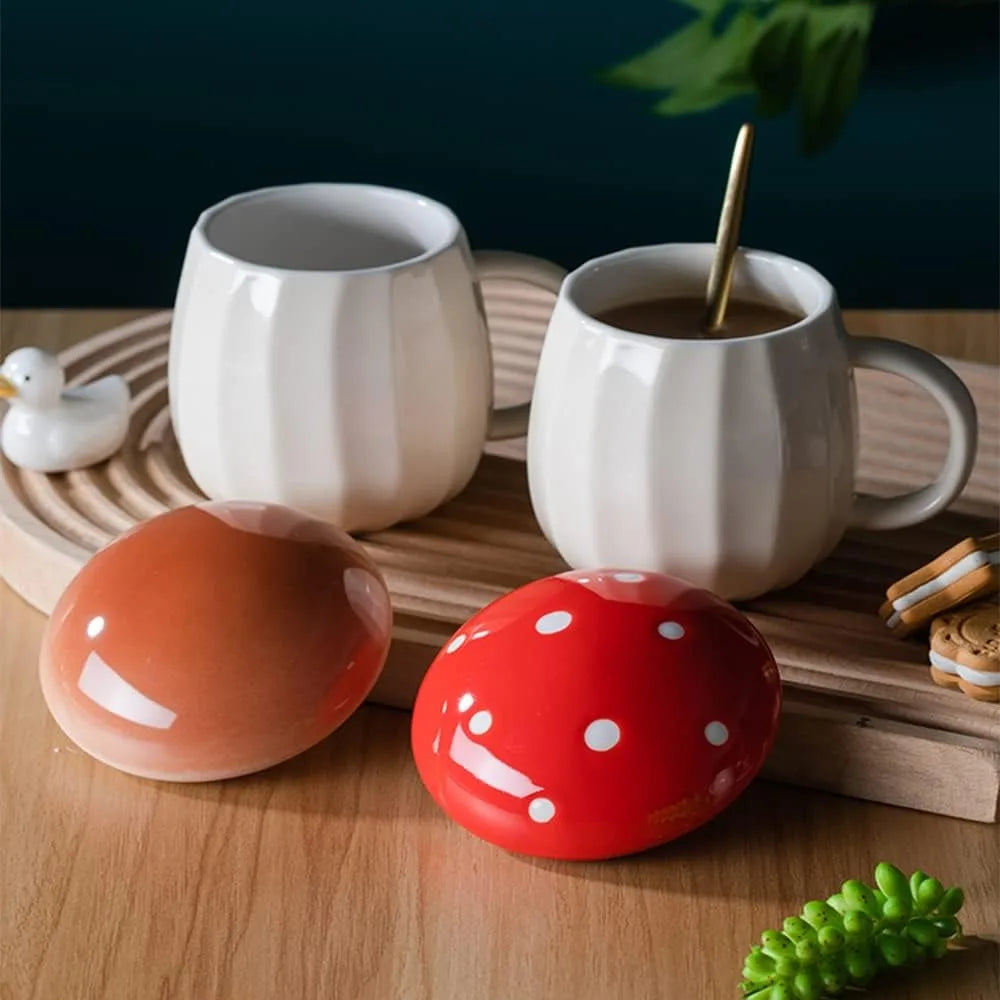 250ml Creative Red Mushroom Mug with Lid | Ceramic Coffee Cup for Household & Office | Cute Drinking Mug | tonyfinger store