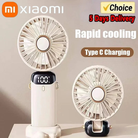 Xiaomi USB Handheld Mini Fan Foldable Portable Neck Hanging Fans 5 Speed USB Rechargeable Fan with Phone Stand Display Screen