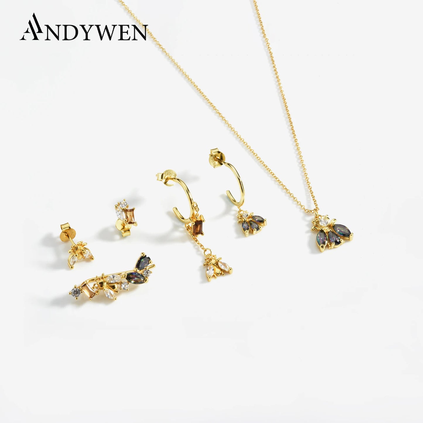 ANDYWEN 925 Sterling Silver 2021 Winter Bee Collection Gems Tiny Piercing Drop Animal Pendant Jewelry Climber Clips Women Jewels