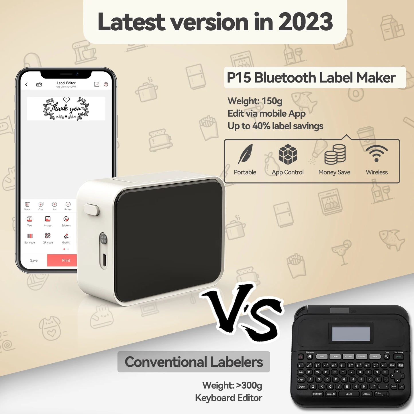 P15 Wireless Bluetooth Thermal Label Printer Mini Portable Adhesive Label Maker Fast Printing Similar as Marklife P15 P12 L12