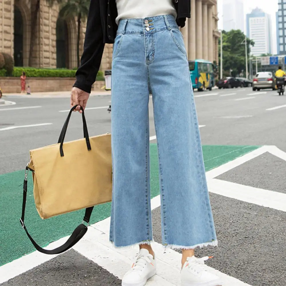 Straight Women Pants High Waist Loose Trousers Wide Leg Casual Denim Jeans Ninth Trousers