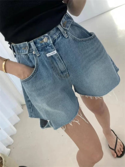 REALEFT High Waist Hole Women's Denim Wide Leg Shorts Tassel 2023 New Spring Summer Casual Jeans Chic A-Line Trourses Female