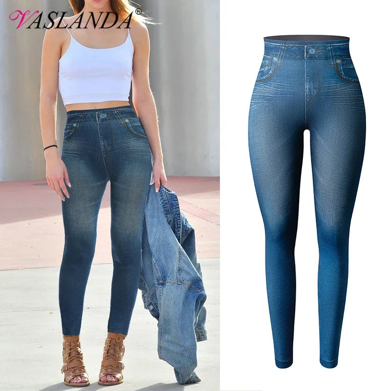 Women Jeggings Faux Denim Jeans Leggings High Waisted Tummy Control Slim Leggins Printed Pencil Pants Seamless Skinny Trousers