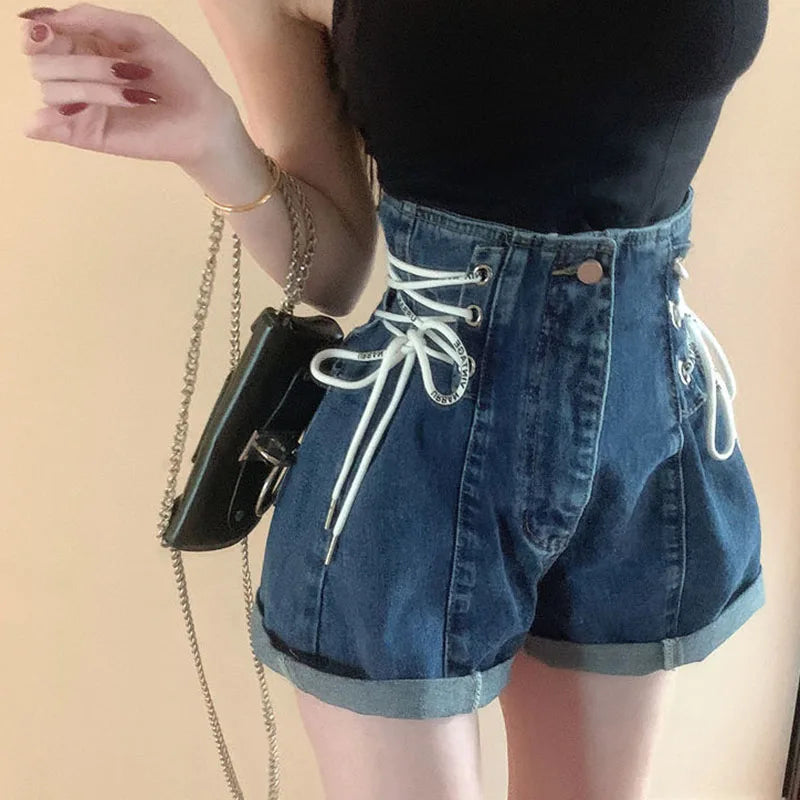 2024 Women’s Light Blue High Waist Denim Shorts - Baggy, Lace-Up, Wide Leg