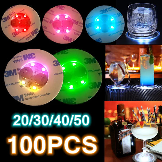 LED Coaster Lights (10-100 Pcs) - 6cm Bottle Stickers for Xmas, Bar, Wedding