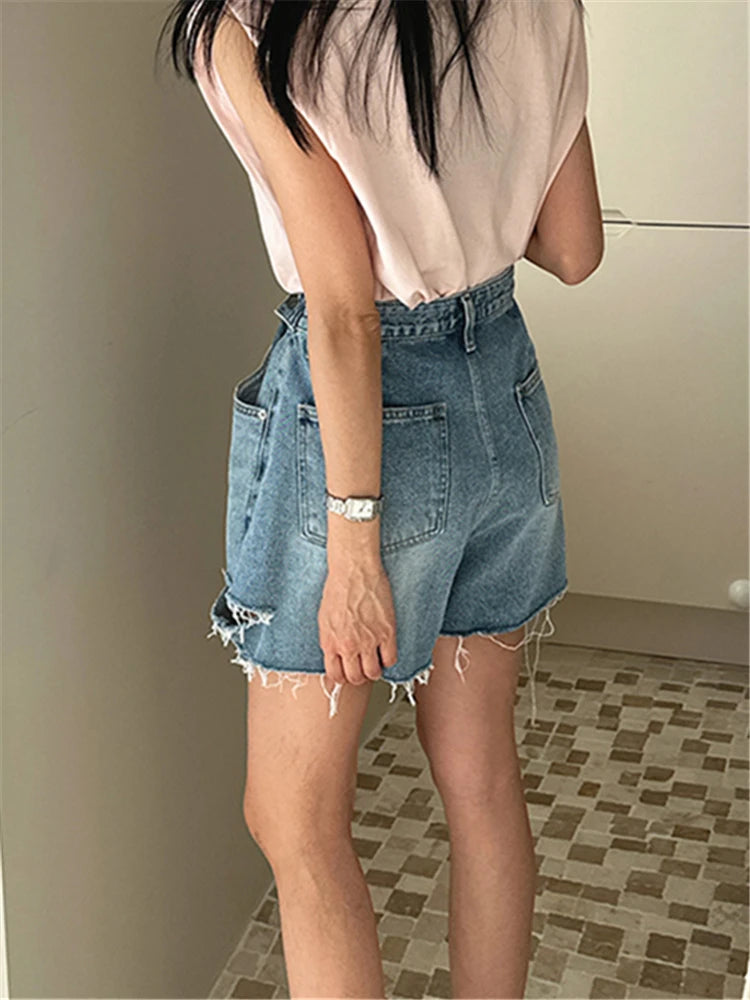 REALEFT High Waist Hole Women's Denim Wide Leg Shorts Tassel 2023 New Spring Summer Casual Jeans Chic A-Line Trourses Female