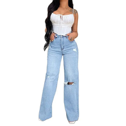 2023 Fall Women’s High Waist Ripped Wide Leg Jeans: Casual Loose Denim Trousers S-2XL