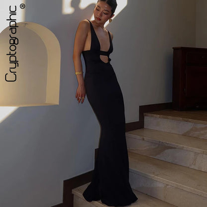 Cryptographic Backless Deep V Maxi Dress - Elegant Mermaid Club Party Gown