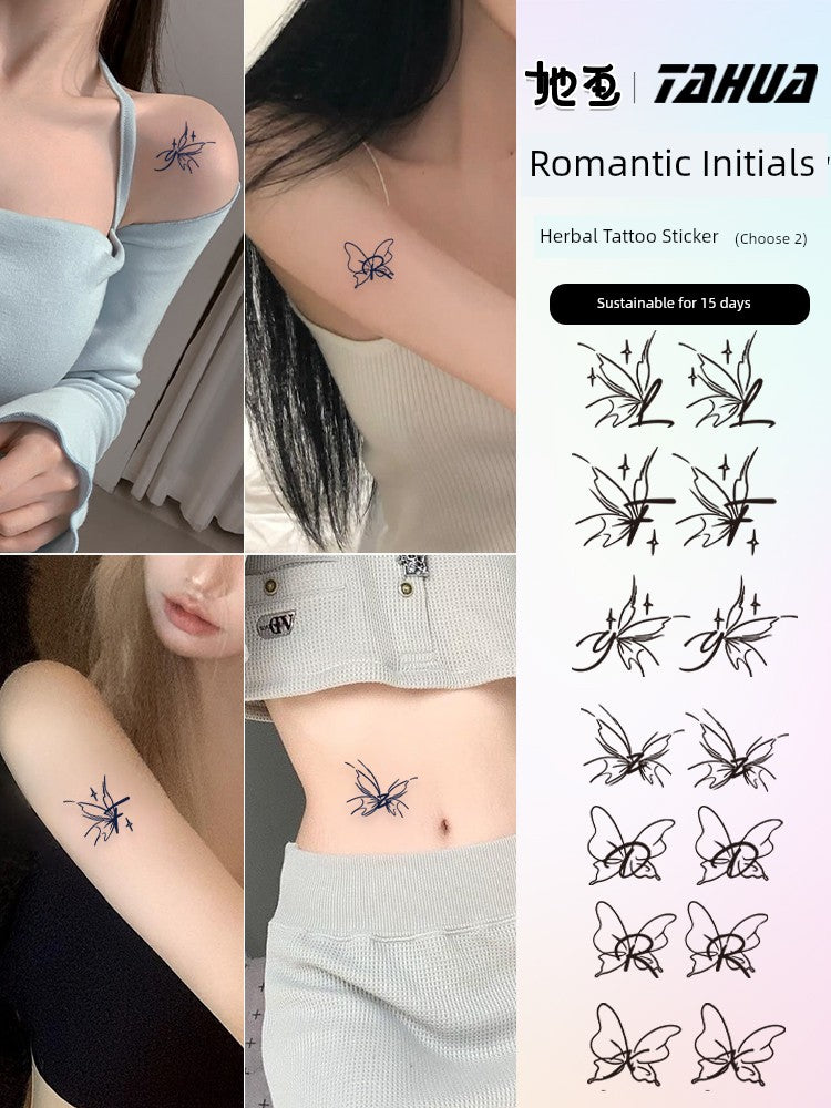 She Painted Letters M Butterfly Herbal Tattoo Sticker English Waterproof and Durable Female Couple Grass and Wood Stickers Semi-Permanent Male