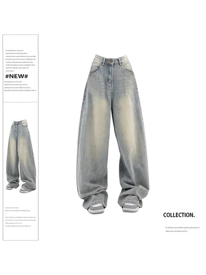 Women Vintage Baggy Blue Jeans High Waist Denim Trousers 2000s Y2k Harajuku Fashion 90s Aesthetic Wide Pants Trashy Clothes 2023