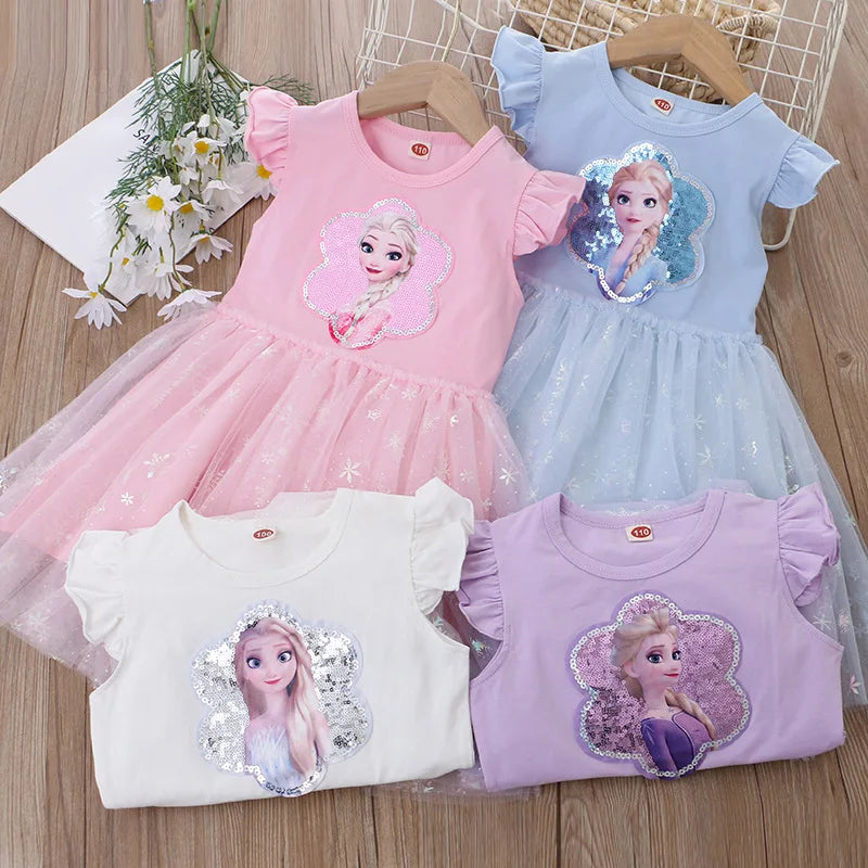 2024 Summer Princess Dresses for Girls | Frozen Elsa Party Dress | Flying Sleeve Kids Clothing