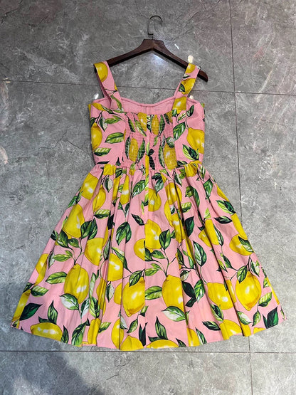 100% Cotton Women’s Summer Dress | Spaghetti Strap Lemon Print Mini Beach Holiday Vestidos | High Street Fashion Princess Style | tonyfinger store