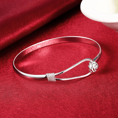 925 Sterling Silver Flower Jewelry Set - Necklace, Earrings, Bangle for Women, Retro Wedding Gift