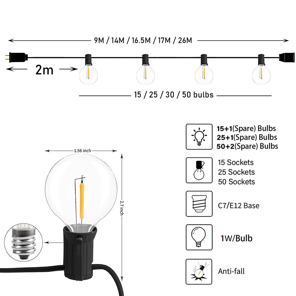 Festoon LED G40 Globe String Lights - Outdoor Christmas, Party, Garden Decor