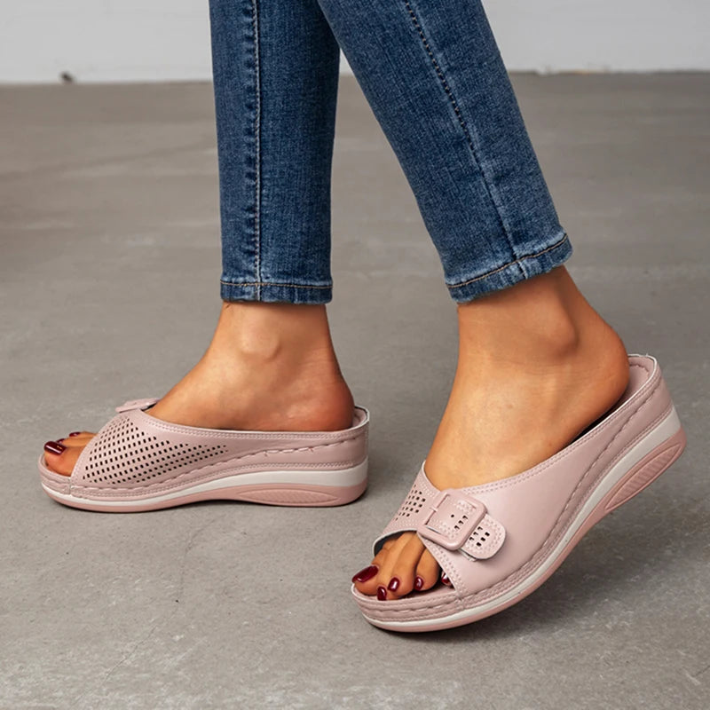 Rimocy Buckle Wedges Slippers Women Summer Hollow Out Thick Bottom Beach Shoes Ladies Plus Size 43 Light Chunky Heels Flip Flops