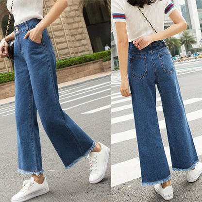 Straight Women Pants High Waist Loose Trousers Wide Leg Casual Denim Jeans Ninth Trousers