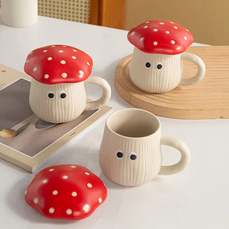 Creative Red Mushroom Ceramic Coffee Cup with Lid Cartoon Cute Mushroom Mug Breakfast Milk Cup Birthday Gift Decoration Mug Home