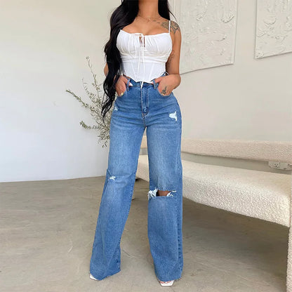 2023 Fall Women’s High Waist Ripped Wide Leg Jeans: Casual Loose Denim Trousers S-2XL