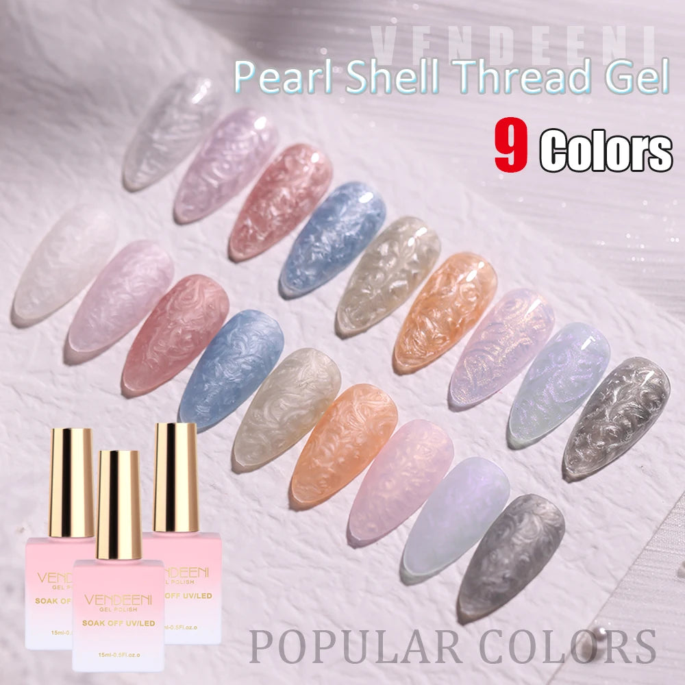 Vendeeni 15ml Pearl Shell Thread Gel Nail Polish DIY Shell Thread Pattern Nail Art Gel Lacquer UV Soak Off Gel Varnish 9 Colors