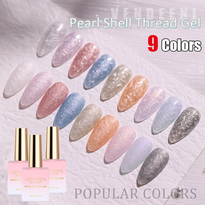 Vendeeni 15ml Pearl Shell Thread Gel Nail Polish DIY Shell Thread Pattern Nail Art Gel Lacquer UV Soak Off Gel Varnish 9 Colors