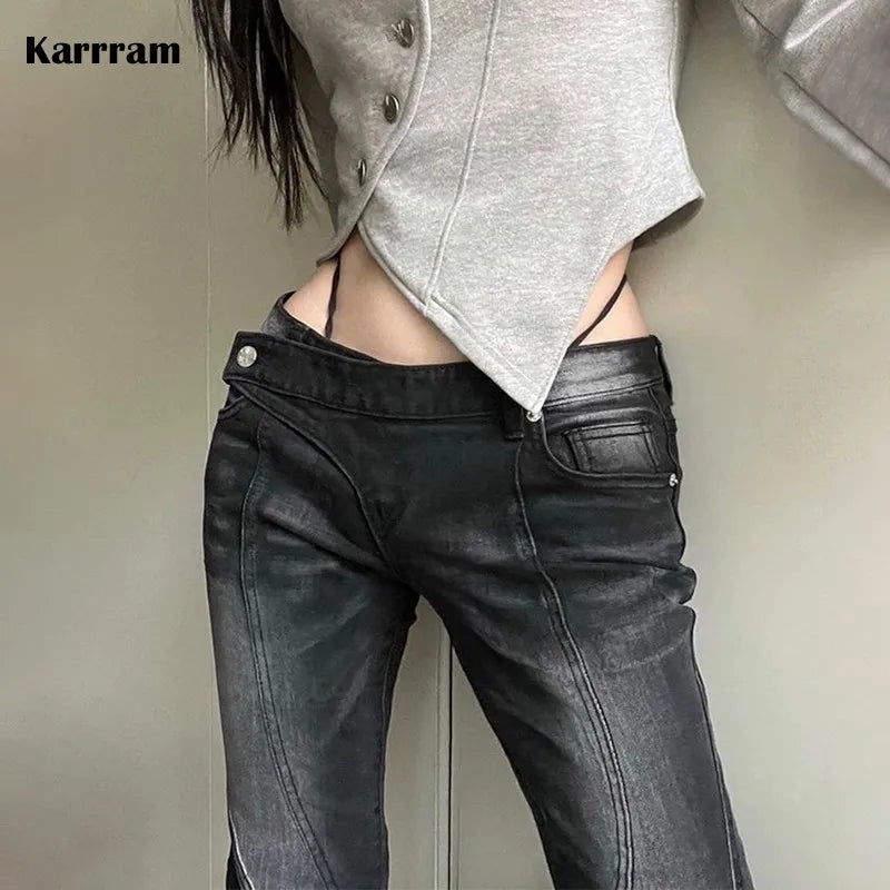 Karrram Black Distressed Low Waist Flare Jeans - Kpop Grunge Fashion